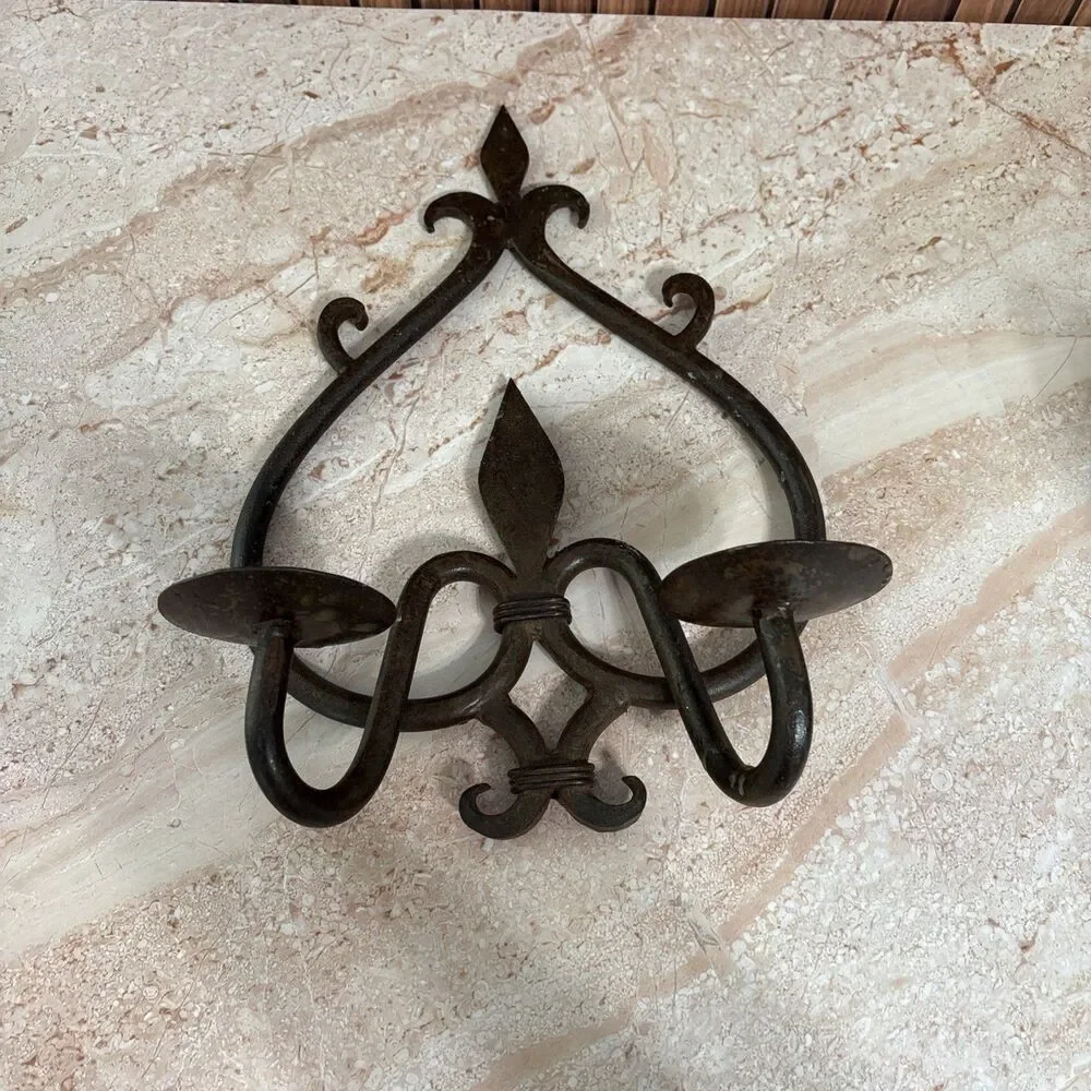 Vintage wrought Iron wall sconce Pillar candle holder gothic rustic decor '60s